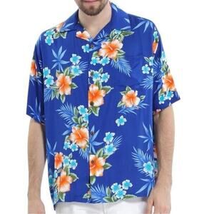 Hawaii Hangover Mens Size M Blue Luau Floral Hibiscus Hawaiian Button Down Shirt